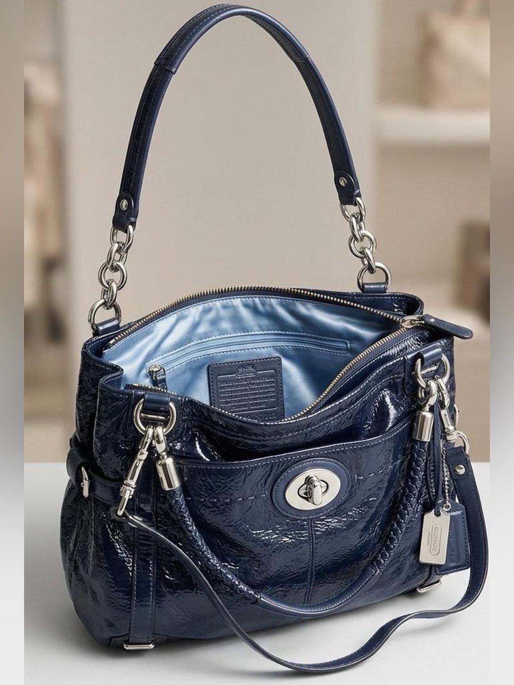 Coach Rare Women's Dark Blue Patent Leather Satchel